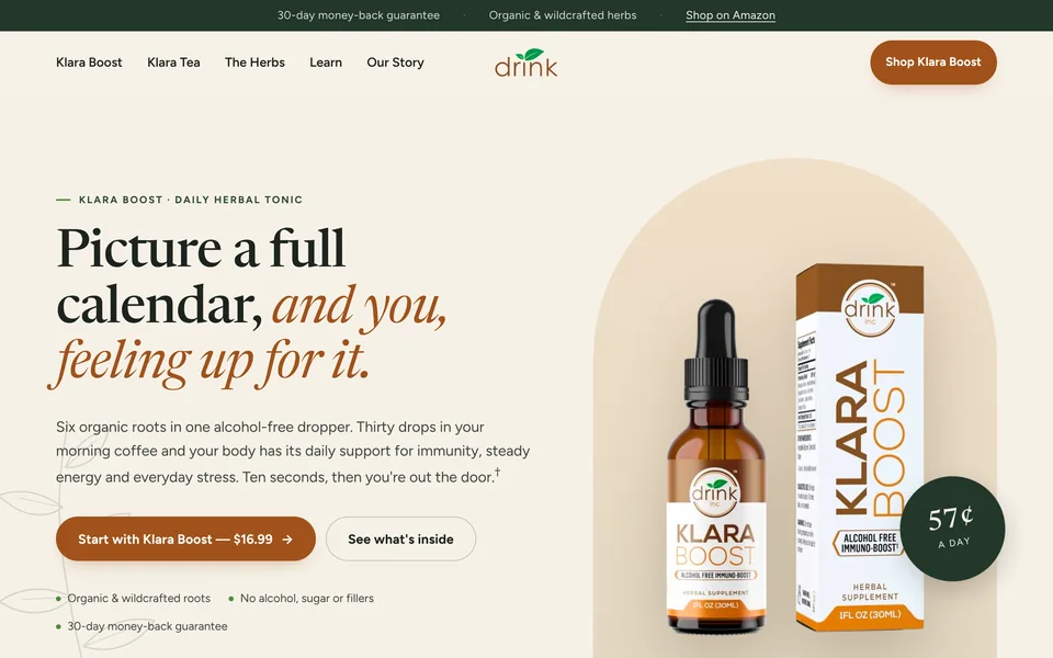 Home page of Klara Boost, an herbal drink brand
