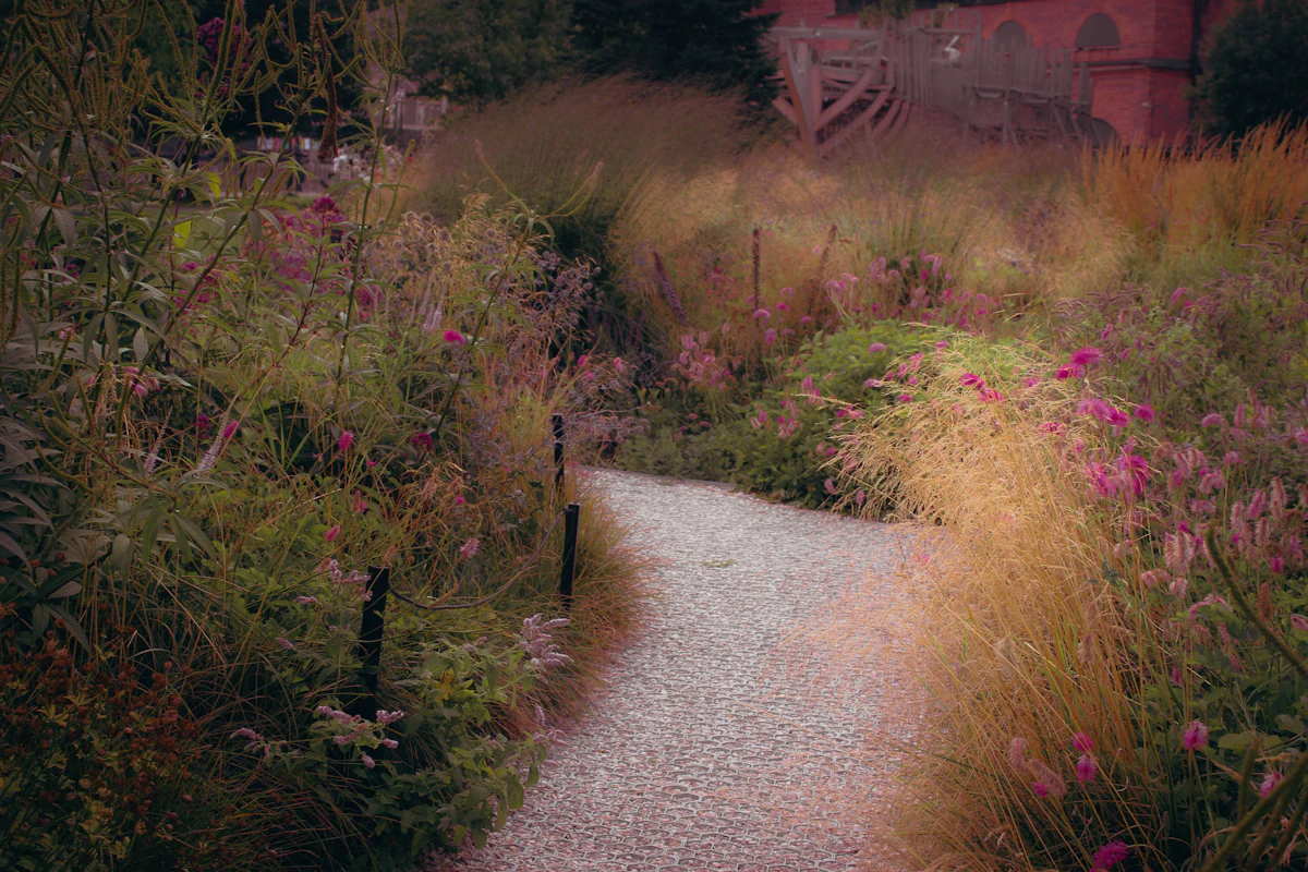 Gravel path winding through a quiet flowering garden