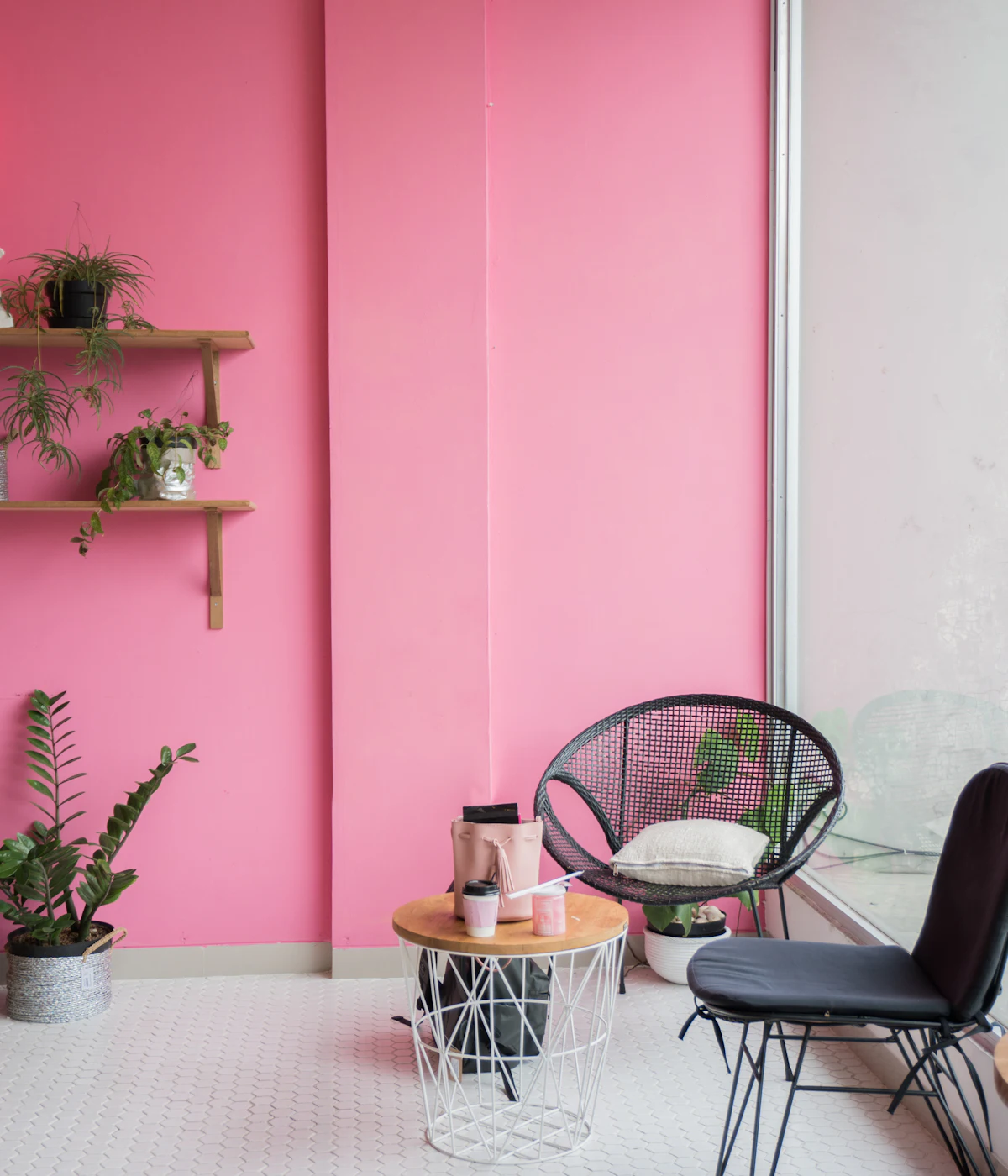 Blush pink salon wall with floating shelves and plants