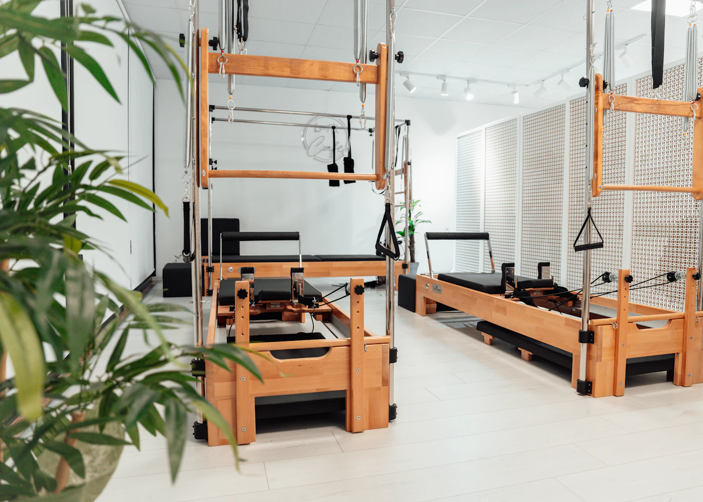 Wooden Pilates reformers and towers in a plant-filled studio