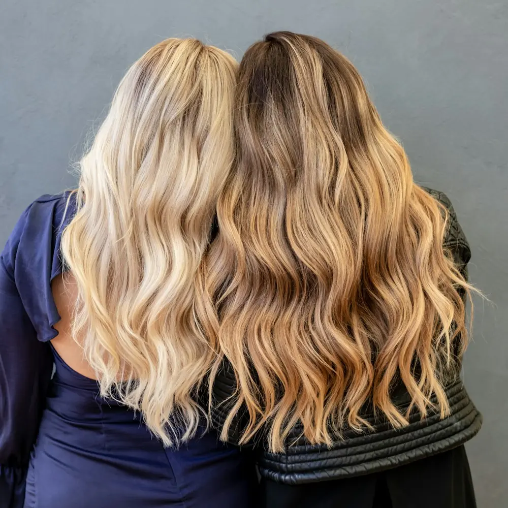 Two clients with bright blonde and honey blonde waves